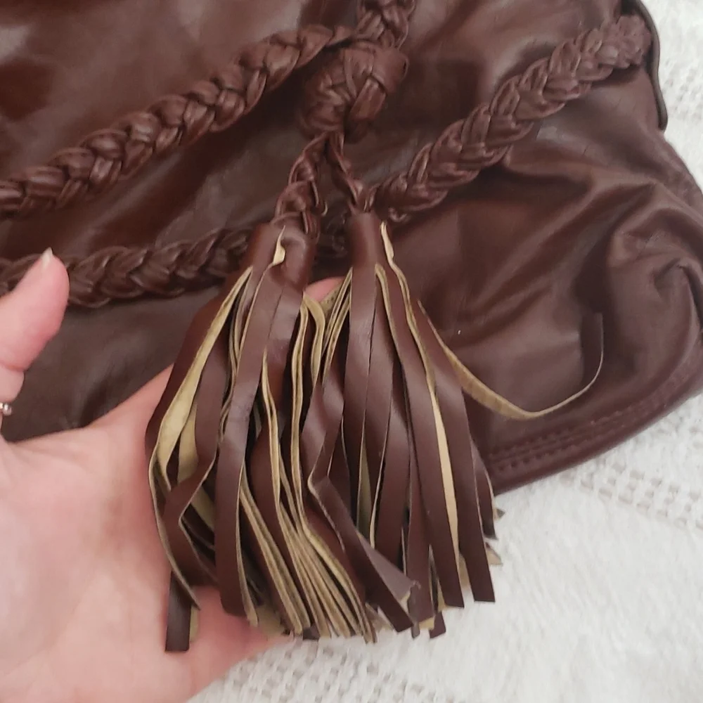 Boho purse, tassel, braided strap, brown bag, shoulder bag, hippie, hobo bag.